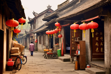 春节的乡村街道装饰背景图片