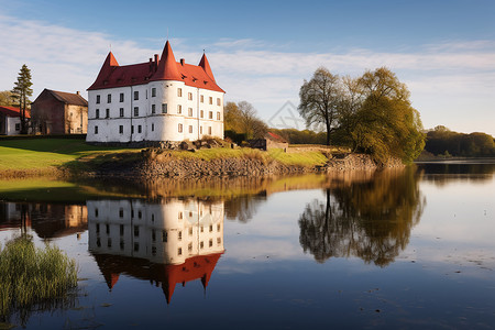 河畔的古堡建筑背景图片