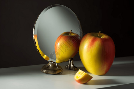 桌面上的苹果和镜子图片