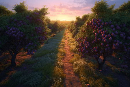 西梅水果风景如画的西梅果园插画