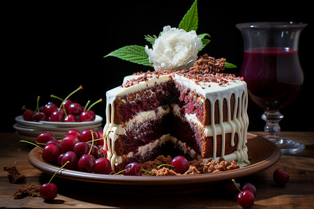 新鲜的红丝绒水果蛋糕背景图片