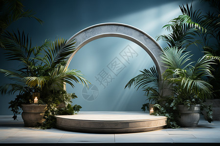 大理石展台和植物装饰背景图片