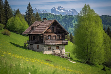 山顶小屋春天的小木屋背景