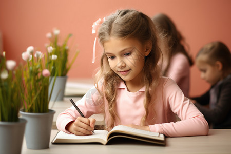 小女孩在桌前读书画画高清图片