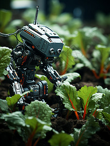机器人在绿色植物间高清图片