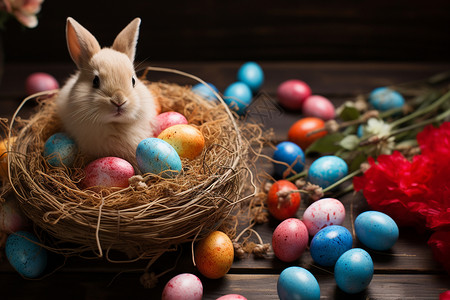 兔子坐在巢旁边有彩蛋背景图片