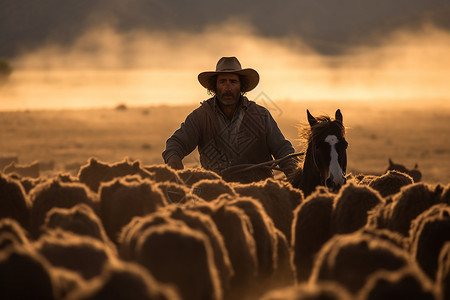 日落草原的牧羊人高清图片