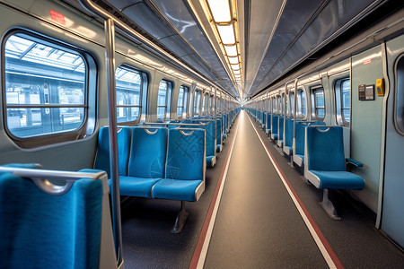蓝色座位的火车车厢图片