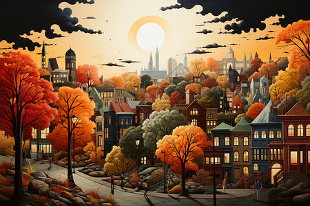 满月的卡通小镇背景图片