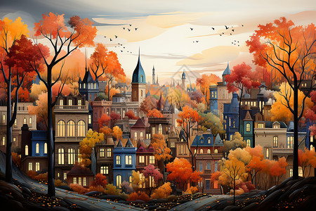 秋天小镇的建筑背景图片