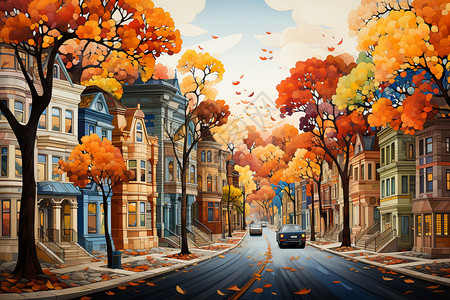 橙色的卡通小镇背景图片
