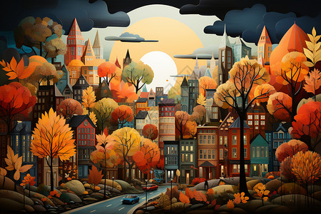 卡通的树木小镇背景图片