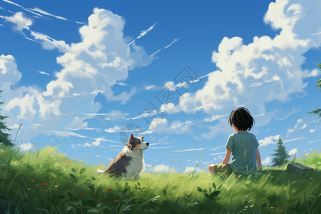 狗和主人望向天空的小男孩插画