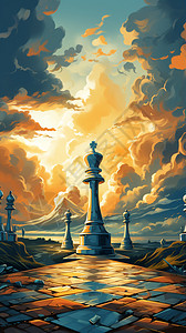 国际象棋卡通国际象棋的油画插画