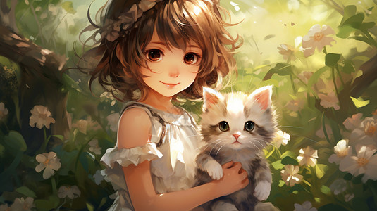 抱着小猫的女孩背景图片