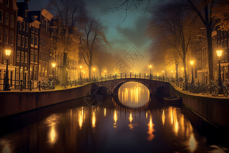 阿姆斯特丹附近夜幕下的阿姆斯特丹运河背景
