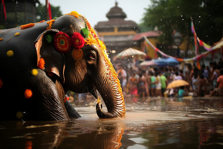 一头大象泼水节狂欢盛宴背景