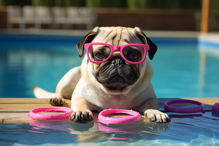 狗玩水小狗在游泳池里玩水背景