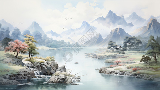 山川意境的水墨画背景图片