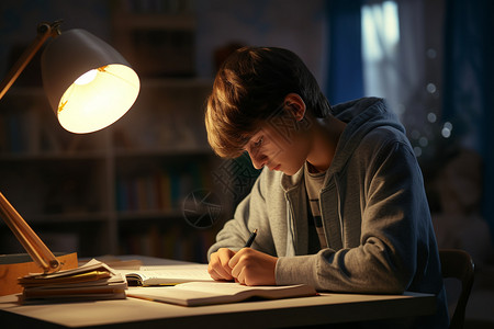学习晚上家中写作业的男生背景