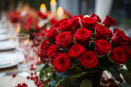 红玫瑰婚礼展板餐桌上的浪漫玫瑰背景