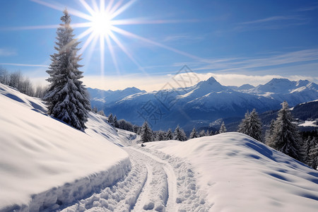 山脉路径阳光照耀下的白雪山景背景