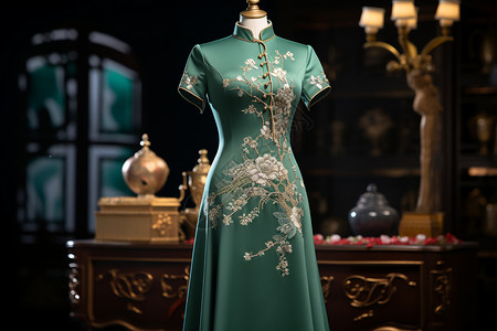 绿色花边典雅的旗袍背景