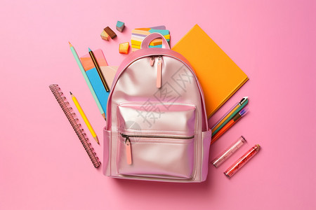 粉色背包粉色的书包和文具背景