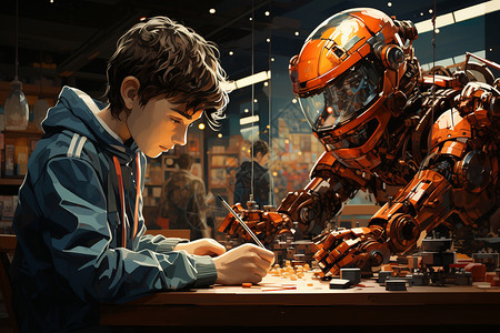 男孩和机器人的交流背景图片