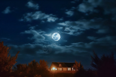 夜晚的月光和房屋背景图片