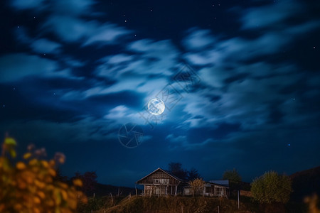 夜晚户外的房屋和满月图片