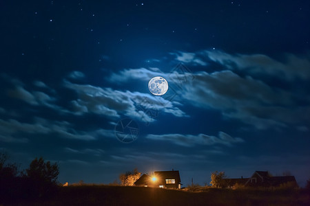 夜晚的明月和房屋背景图片
