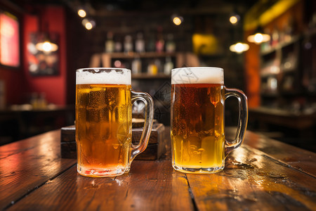 两杯啤酒在木桌上背景图片