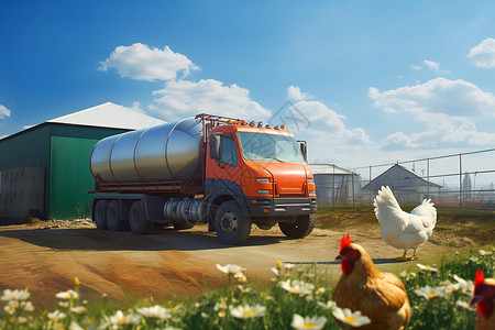 农村货车与鸡群图片