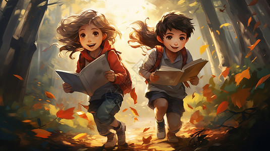可爱秋天美女两个小学生在森林里学习插画