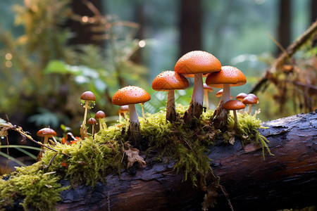 林中蘑菇树林中雨后生长的蘑菇背景