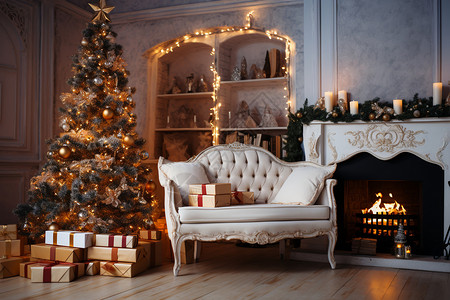 喜庆的客厅圣诞树装饰背景图片
