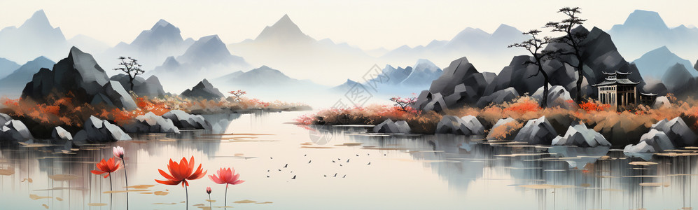 东方绘画山水画中有山脉和湖泊插画