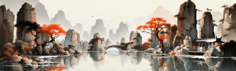 东方绘画古朴大气的山水画插画