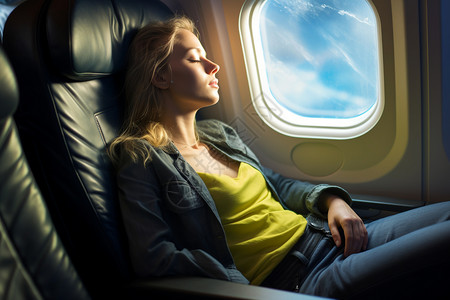 航行飞机上休息的女子高清图片