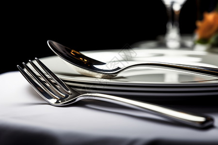 银色叉子餐桌上精致的餐具背景