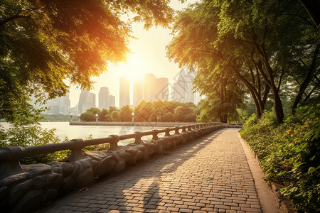 夏季城市河边的步道背景图片