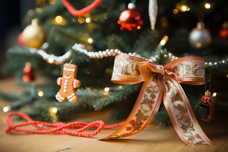 圣诞树上的丝带装饰背景图片