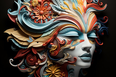 面具制作粘土制作的女性面容与花束插画