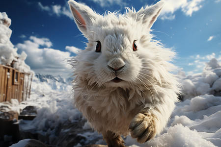 白兔在雪地上飞跃高清图片