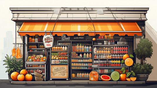 超市水果店收银员便利店货架插画
