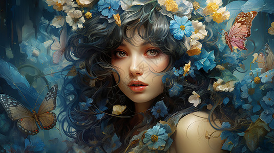 花丛中的美丽女孩背景图片