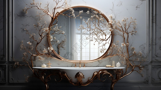 藤蔓花枝底纹花枝装饰的浴室镜背景