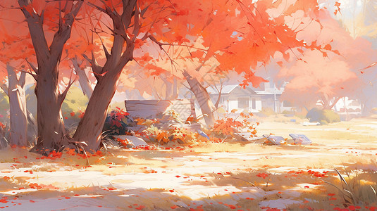 公园篱笆深秋土地上的大树插画