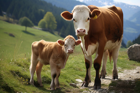 呆萌牛夏季山中的奶牛背景